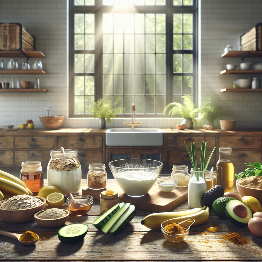A bright, airy kitchen setting with natural lighting, displaying a selection of natural ingredients for DIY face masks — oats, honey, avocados, yogurt, bananas, turmeric, cucumber, aloe vera, egg whites, and lemons. The ingredients are neatly organized on a wooden countertop, with glass bowls showing their mixtures. The scene captures a sense of freshness and purity, emphasizing a homemade skincare theme.