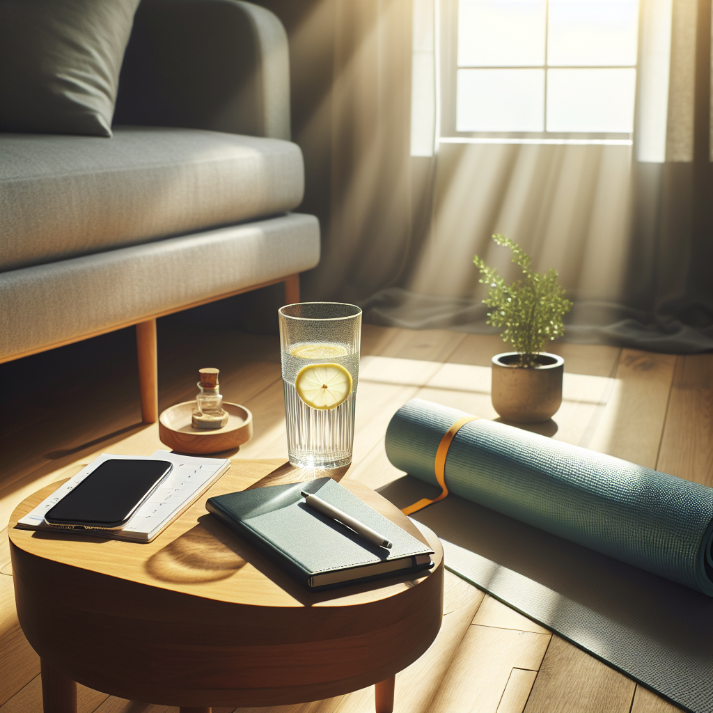 A bright, inviting image of a cozy morning routine setting. Include a bedside table with a glass of water with lemon, a yoga mat rolled out on a wooden floor nearby, a sunlight stream entering through a window onto a planner with a pen, and a smartphone turned face down. The style should be clean and modern, capturing a serene and motivating atmosphere.
